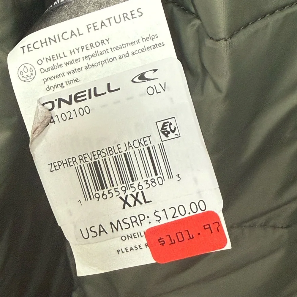 NWT O’Neill Zephyr reversible men’s olive coat jacket XXL